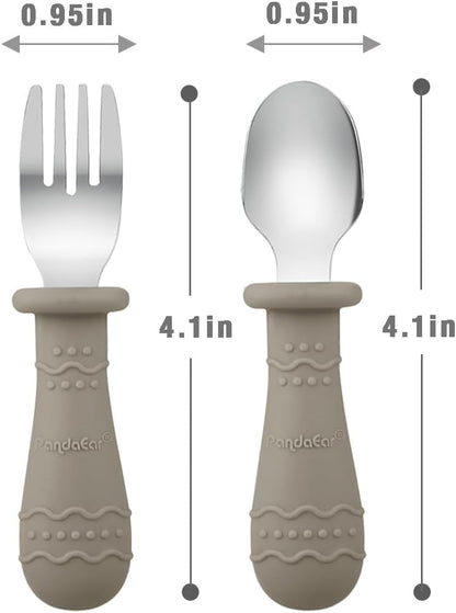 PandaEar Kids Utensils Set - 6 Pack Stainless Steel & Silicone Spoons and Forks | Dishwasher Safe (Light Tan/Walnut/Blue)