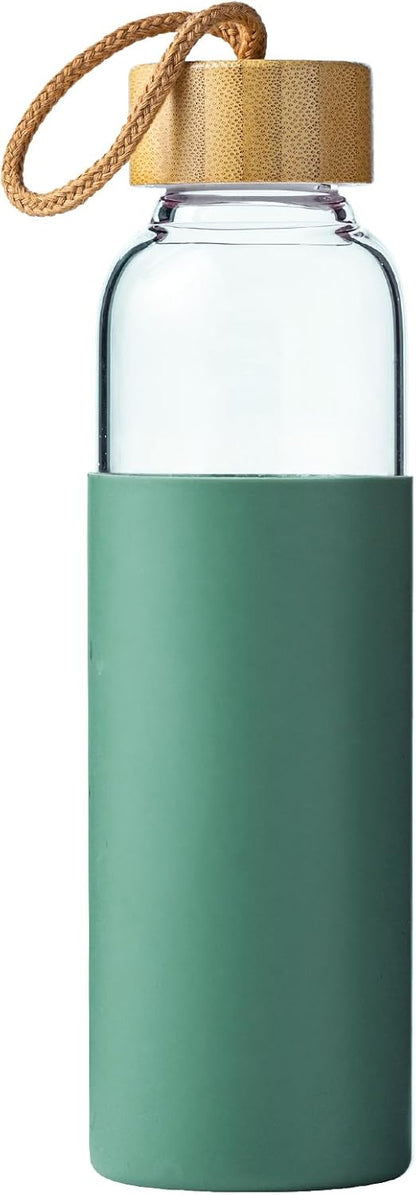 Skiennix 21oz Glass Water Bottle - BPA-Free, Silicone Sleeve & Bamboo Lid - Ideal for Gym, Office, Travel (Green)
