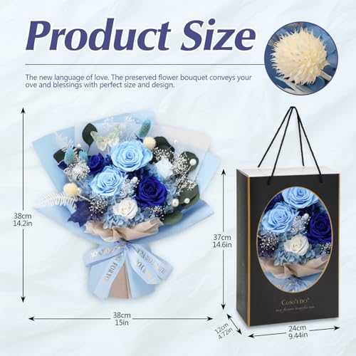 Blue Preserved Roses Bouquet - 6 Real Forever Flowers for Mother's Day, Birthday, Valentine's Day Gift