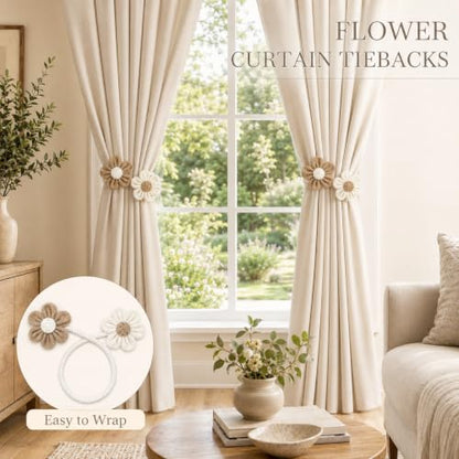 Boho Flower Curtain Tiebacks - Flexible Wire Drapery Holdbacks, No Drill Mounting - Set of 4