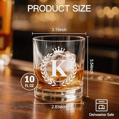 Personalized Whiskey Glass for Men - Monogrammed A–Z 10 oz Old Fashioned Rocks Glass with Gift Box - Variation K