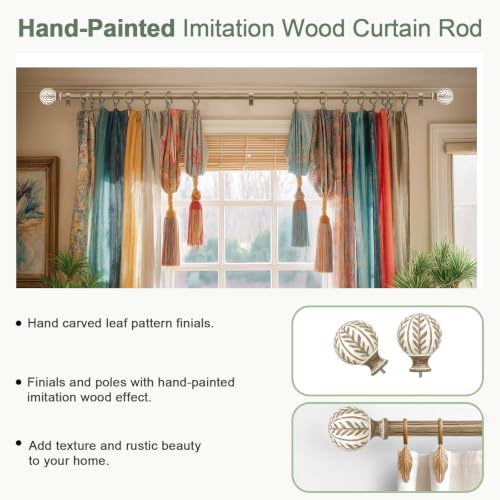 Adjustable Weathered Wood Curtain Rods 72-144 Inch with Decorative Brackets - Hand-Painted Leaf Design