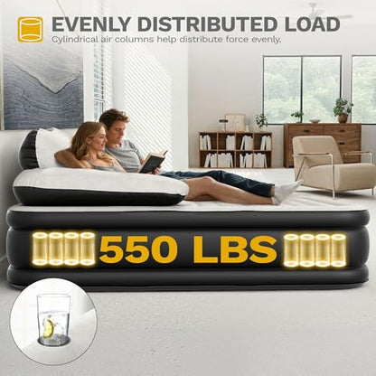 Queen Size Air Mattress with Headboard & Cup Holders, Portable Inflatable Bed