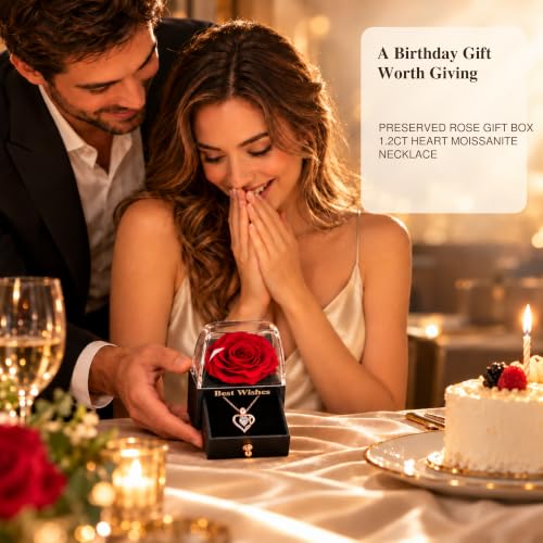Moissanite Heart Necklace in Preserved Rose Gift Box - Romantic Jewelry Set