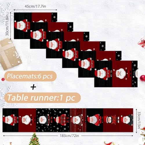Christmas Table Runner and Placemats Set with Santa Claus Variation - 7 Pieces, Buffalo Plaid, Snowman, Deer, Holiday Kitchen Decor