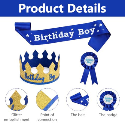 Blue Crown Set for Birthday Celebration - King Crown Hat with Sash & Badge