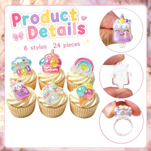 24 Pcs Unicorn Rainbow Glitter Cupcake Topper Rings - Unicon Variation
