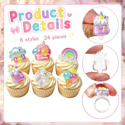24 Pcs Unicorn Rainbow Glitter Cupcake Topper Rings - Unicon Variation