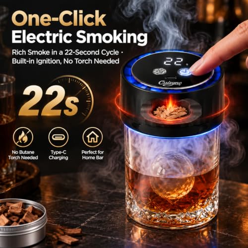 Electric Whiskey Smoker Kit with 6 Wood Chips & Colorful LED Lights - Black