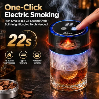 Electric Whiskey Smoker Kit with 6 Wood Chips & Colorful LED Lights - Black