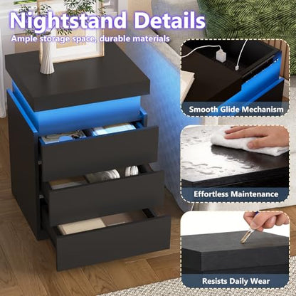 OLIXIS Black Nightstand with Charging Station & RGB LED Lights (Variation: Black - 17.72 W x 15.75 D x 26.57 H, 4 Drawers)