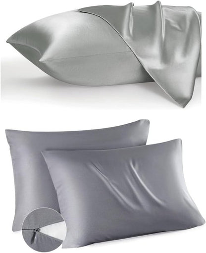 Bedsure Grey Satin Pillowcase - Queen Size Cooling Pillowcase with Zipper Closure