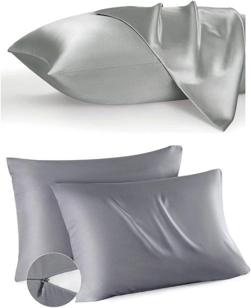Bedsure Grey Satin Pillowcase - Queen Size Cooling Pillowcase with Zipper Closure