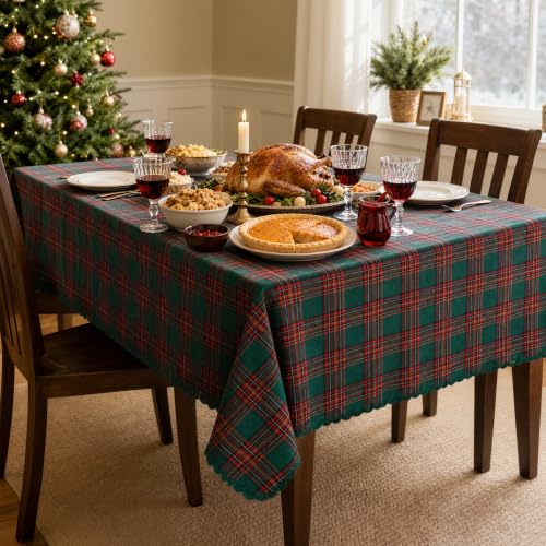 Christmas Tartan Plaid Tablecloth for 6 Foot Rectangular Tables - Green & Red, 55 x 84 Inches