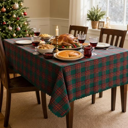 Christmas Tartan Plaid Tablecloth for 6 Foot Rectangular Tables - Green & Red, 55 x 84 Inches