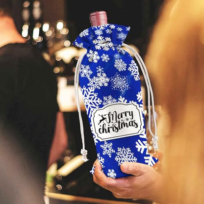 IRADA Burlap Wine Bags - 2 Bottle Party Decorations with Snowflake Labels - Christmas Gift Wrap