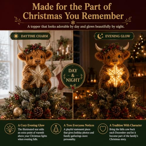 Baby Highland Cow Glowing Star Tree Topper - Lighted Christmas Decor 1PC
