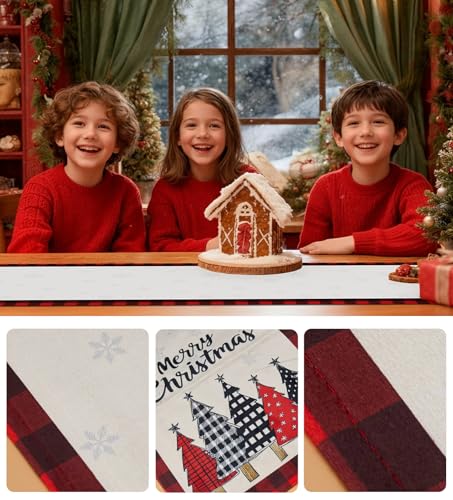 Christmas Table Runner Snowflakes and Red Buffalo Plaid 13x72 Inches - Holiday Decor