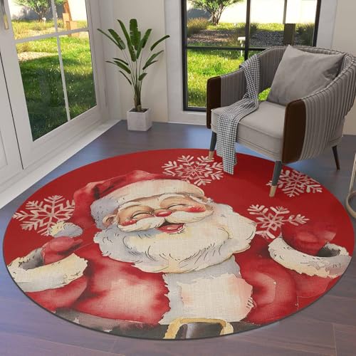 Christmas Round Area Rug 4ft Santa Claus Floor Carpet Washable & Stain-Resistant - Red Snowflake, Scarlet Variation
