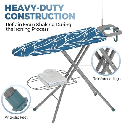 Full Size Ironing Board with Iron Rest & Garment Rack - Sea Blue 43x13 in
