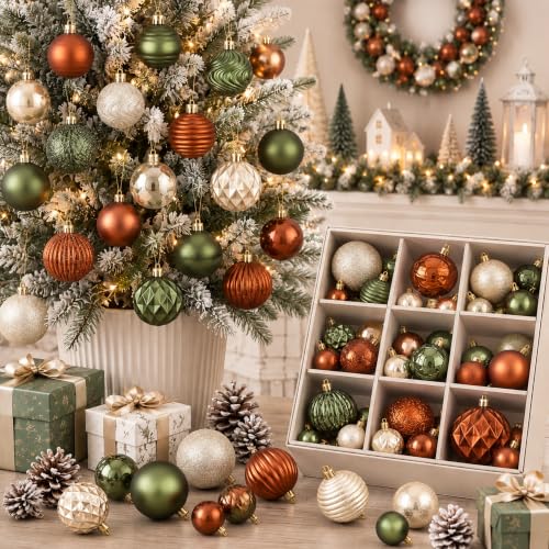 Lunmon 64 Pcs Earthy Christmas Ornaments Set - Olive Green, Bronze & Farmhouse Style
