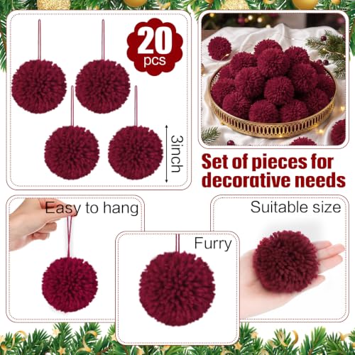20 Pcs Burgundy Christmas Yarn Pom Poms - Fuzzy Holiday Decorations