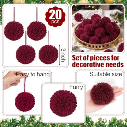 20 Pcs Burgundy Christmas Yarn Pom Poms - Fuzzy Holiday Decorations