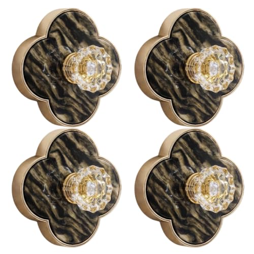 Decorative Clover Shower Hooks 4 Pack - Gold Marble No Drill Bathroom Towel Hangers, Removable Wall Mounts, Style 1