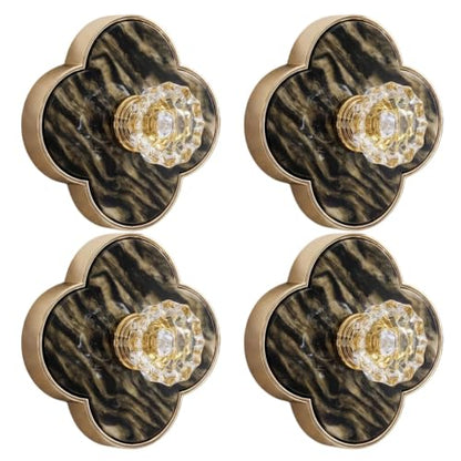 Decorative Clover Shower Hooks 4 Pack - Gold Marble No Drill Bathroom Towel Hangers, Removable Wall Mounts, Style 1