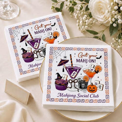 Halloween Mahjong Cocktail Napkins - Spooky Bat & Pumpkin Party Decor