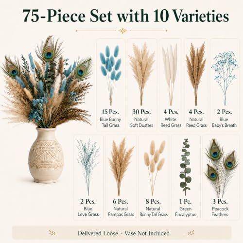 Teal Blue Turquoise Boho Bouquet with Dried Pampas Grass - 75 Pcs