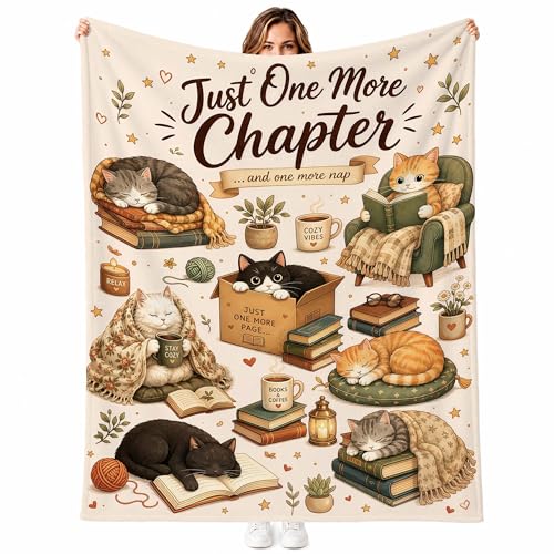 Book Lover Cat Flannel Blanket Reading Gift for Women Beige 80 x 60 inches