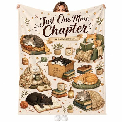 Book Lover Cat Flannel Blanket Reading Gift for Women Beige 80 x 60 inches