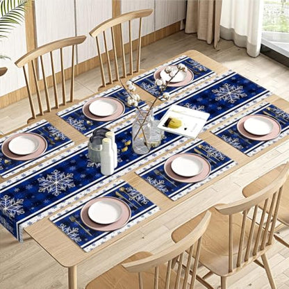 Christmas Blue Snowflake Table Runner and Placemats Set of 6 - Holiday Dining Decor