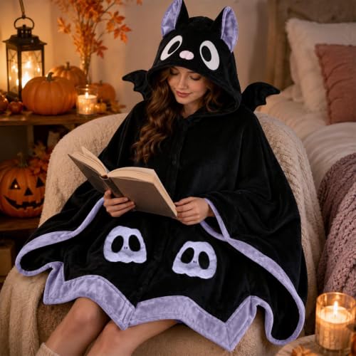 Wearable Bat Blanket Hoodie with Wings for Halloween Cosplay & Lounging