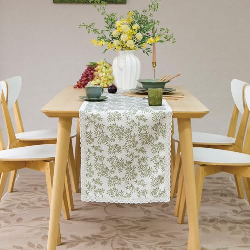 Vintage Floral Table Runner with Lace Trim - Olive Green, 14x90 Inch