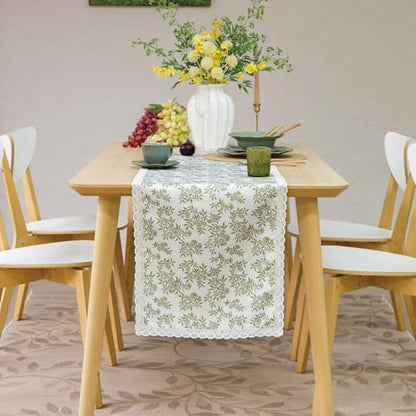 Vintage Floral Table Runner with Lace Trim - Olive Green, 14x90 Inch
