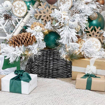 Black Wicker Christmas Tree Collar 29-Inch Farmhouse Holiday Decor