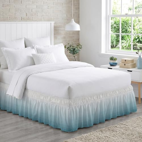 Blue Ombre Queen Bed Skirt 16 Inch Drop Elastic Wrap-Around Dust Ruffle Ocean Blue