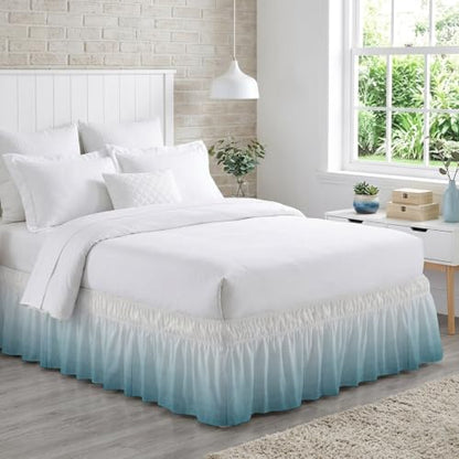 Blue Ombre Queen Bed Skirt 16 Inch Drop Elastic Wrap-Around Dust Ruffle Ocean Blue