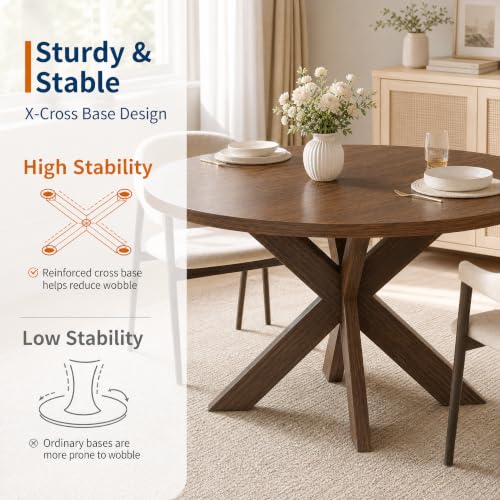 47-Inch Round Dining Table for 4-6 People with Walnut Finish, Wood Pedestal Base