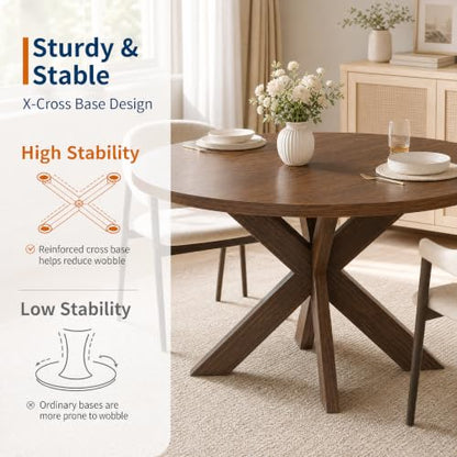 47-Inch Round Dining Table for 4-6 People with Walnut Finish, Wood Pedestal Base