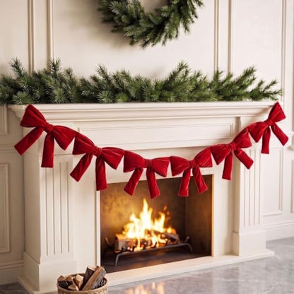 6 Ft Red Velvet Bow Garland for Christmas Decorations, Pre-Assembled Holiday Decor