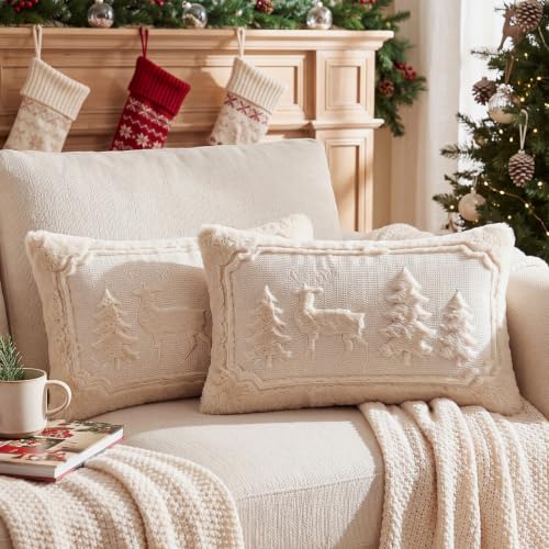 Christmas Tree Deer Lumbar Pillow Covers Set 12x20 Inch - Holiday Decor