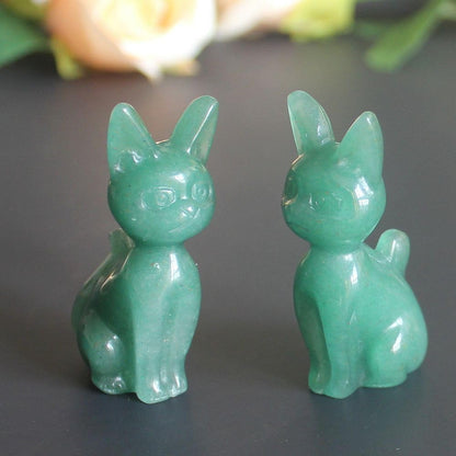 Skiennix Hand-Carved Gemstone Crystal Abyssinian Cat Figurine - Green Aventurine 2" Home Decor