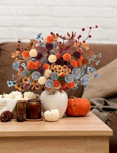 Artificial Fall Flowers Bouquet with Eucalyptus - Blue, Wine & Orange Variation