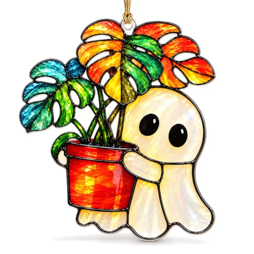 Halloween Ghost Plant Suncatcher Ornament - Monstera Variation
