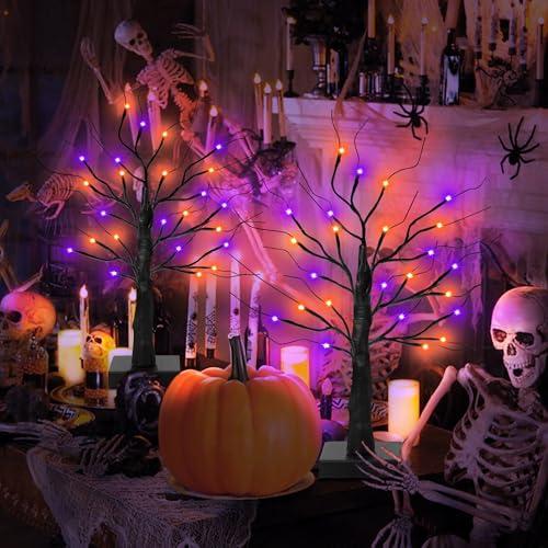 Halloween Lighted Indoor Trees Set - 24 Inch Orange & Purple Decor with Timer