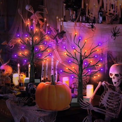 Halloween Lighted Indoor Trees Set - 24 Inch Orange & Purple Decor with Timer