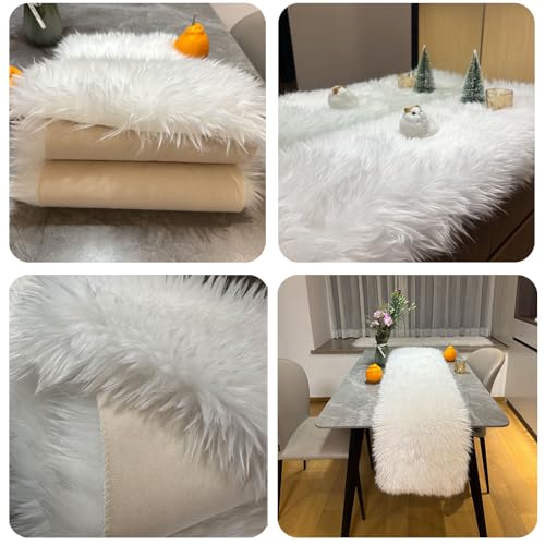 White Faux Fur Table Runner 12x60 Inch Christmas Holiday Decor - Cozy & Elegant